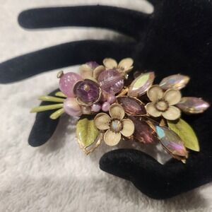 Vintage Floral Brooch Purple Art Glass Enamel Flower Aurora Borealis Rhinestone